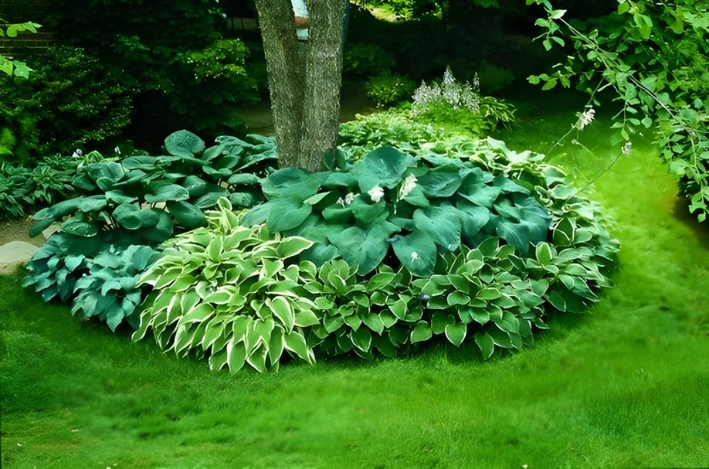 Various Hostas Around Trees